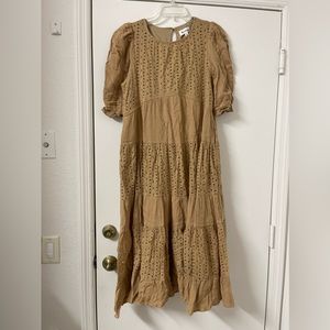 PinkBlush Camel Eyelet Puff Sleeve Tiered Midi Dress